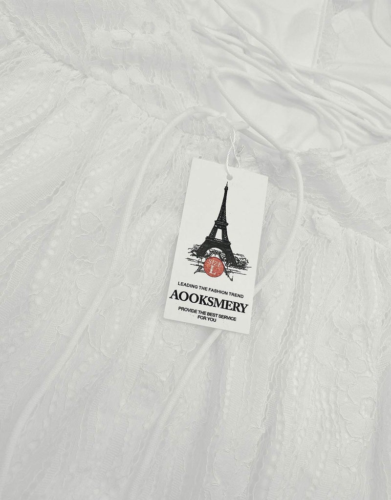 AOOKSMERY Women Summer V-Neck Spaghetti Straps Lace Backless Mini Party Club Beach Dresses (White, Small) - Image 5